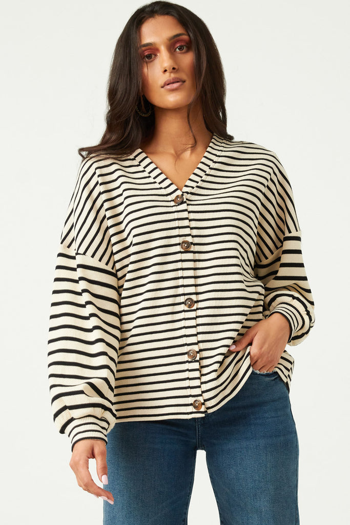 HY5501 OATMEAL Womens Contrast Stripe Sleeve Buttoned Cardigan Front