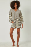HY5523 OATMEAL Womens Waffle Textured Stripe Drawstring Knit Shorts Full Body