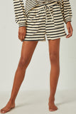 HY5523 OATMEAL Womens Waffle Textured Stripe Drawstring Knit Shorts Detail