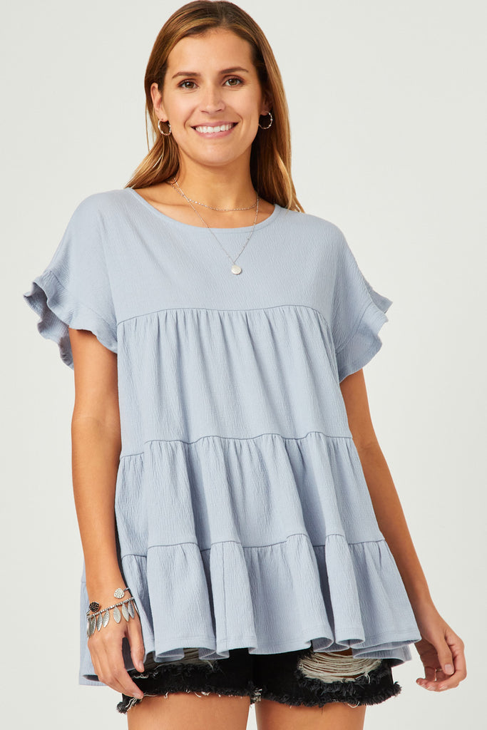 HY5562 BLUE Womens Crinkle Texture Knit Tiered Top Front