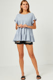 HY5562 BLUE Womens Crinkle Texture Knit Tiered Top Full Body