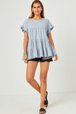HY5562 BLUE Womens Crinkle Texture Knit Tiered Top Full Body 2