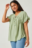 HY5593 SAGE Womens Textured Knit Ruffle Seamed Tassel Tie Top Front
