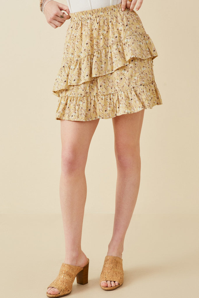 HY5664 Yellow Womens Floral Printed Asymmetric Ruffle Skirt Front