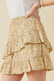 HY5664 Yellow Womens Floral Printed Asymmetric Ruffle Skirt Pose