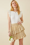 HY5664 Yellow Womens Floral Printed Asymmetric Ruffle Skirt Full Body 2