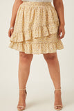 HY5664W Yellow Plus Floral Printed Asymmetric Ruffle Skirt Front