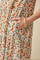 HY5807 OFF WHITE MIX Womens Floral Ruffle Sleeve Smock Detail Dress Detail