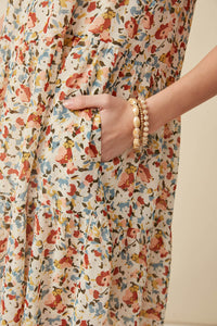 HY5807 OFF WHITE MIX Womens Floral Ruffle Sleeve Smock Detail Dress Detail