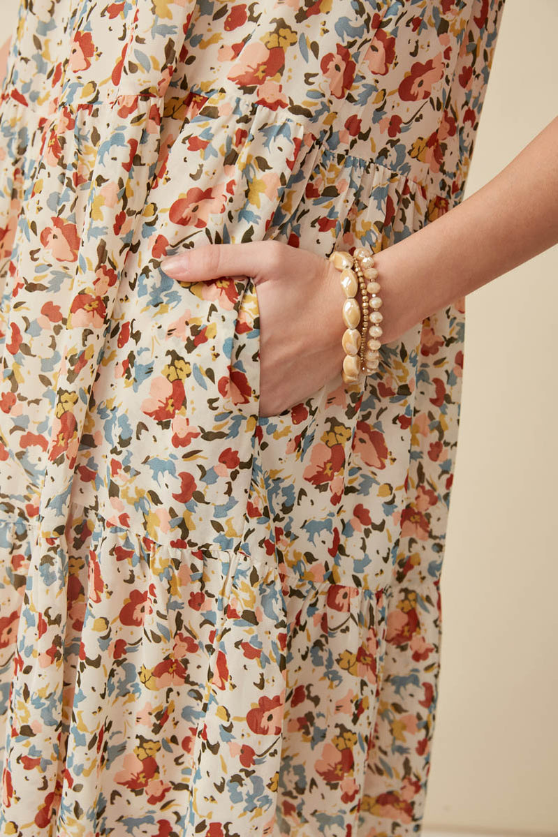 Womens Floral Ruffle Sleeve Smock Detail Dress