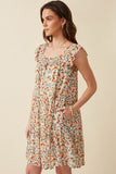 HY5807 OFF WHITE MIX Womens Floral Ruffle Sleeve Smock Detail Dress Side