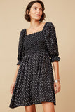 HY6509 Black Womens Ditsy Floral Smocked Square Neck Dress Front