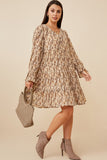 HY6527 Taupe Womens Textured Floral Print V Neck Tiered Dress Full Body