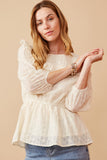 HY6538 NATURAL Plus Ruffled Peplum Embroidered Eyelet Top Front