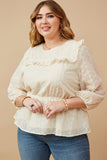 HY6538W NATURAL Plus Ruffled Peplum Embroidered Eyelet Top Front