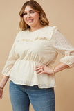 HY6538W NATURAL Plus Ruffled Peplum Embroidered Eyelet Top Front 2