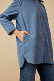 HY6552 BLUE Womens Textured Velvet Yarn Button Up Shacket Side