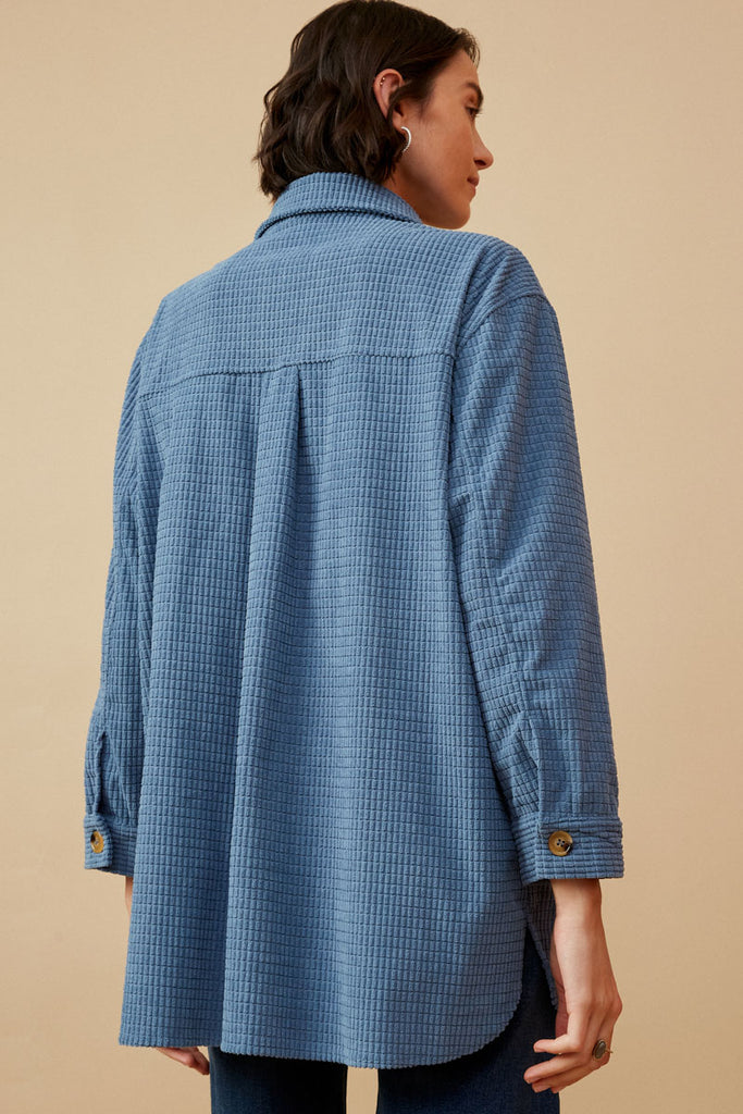 HY6552 BLUE Womens Textured Velvet Yarn Button Up Shacket Back