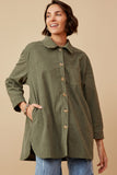 HY6552 OLIVE Womens Textured Velvet Yarn Button Up Shacket Front
