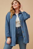 HY6552W BLUE Plus Textured Velvet Yarn Button Up Shacket Pose