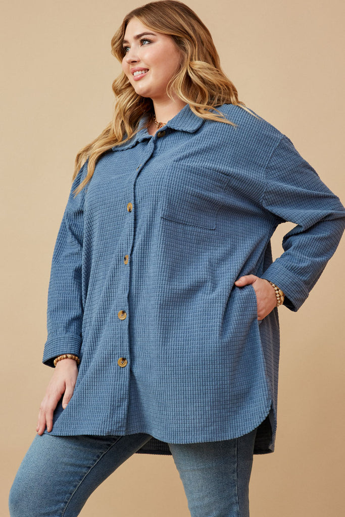 HY6552W BLUE Plus Textured Velvet Yarn Button Up Shacket Side