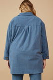 HY6552W BLUE Plus Textured Velvet Yarn Button Up Shacket Back
