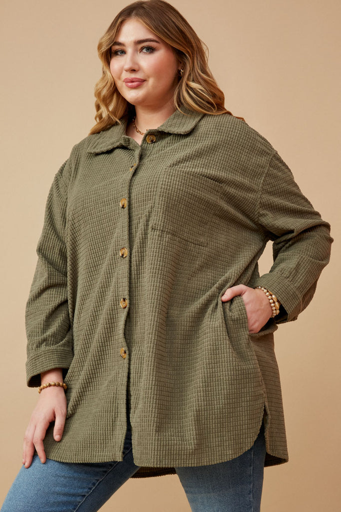 HY6552W OLIVE Plus Textured Velvet Yarn Button Up Shacket Front 2