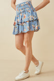 HY6660 BLUE Womens Floral Tiered Skirt With Smocked Panel Waist Side