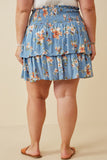 HY6660W BLUE Plus Floral Tiered Skirt With Smocked Panel Waist Back