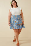 HY6660W BLUE Plus Floral Tiered Skirt With Smocked Panel Waist Full Body