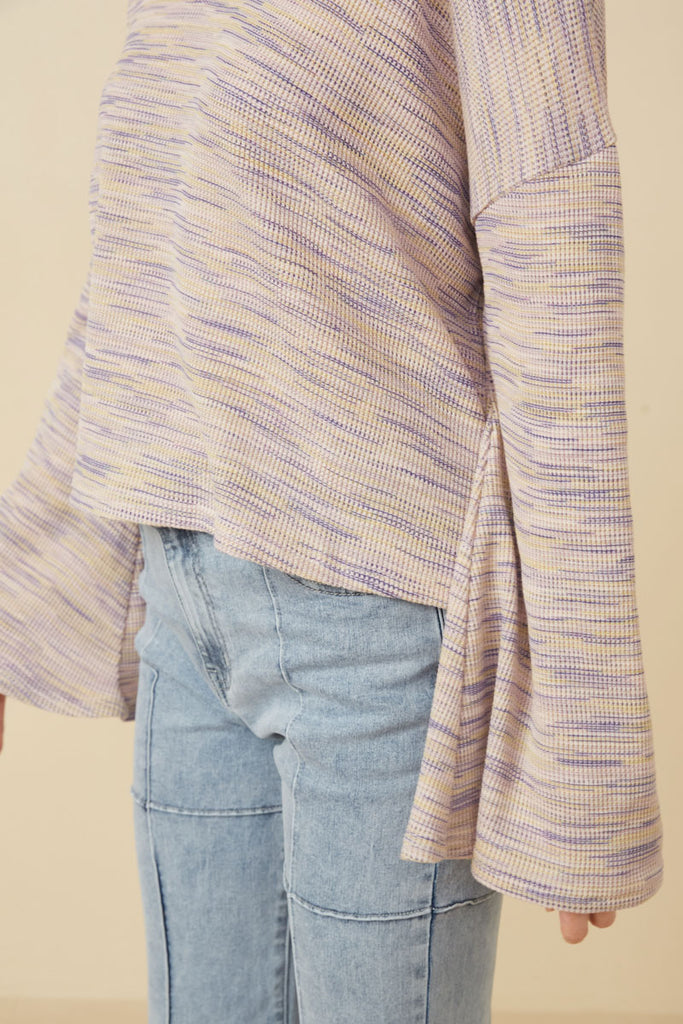 HY7523 Lavender Womens Textured V Neck Drop Shoulder Marled Knit Top Detail