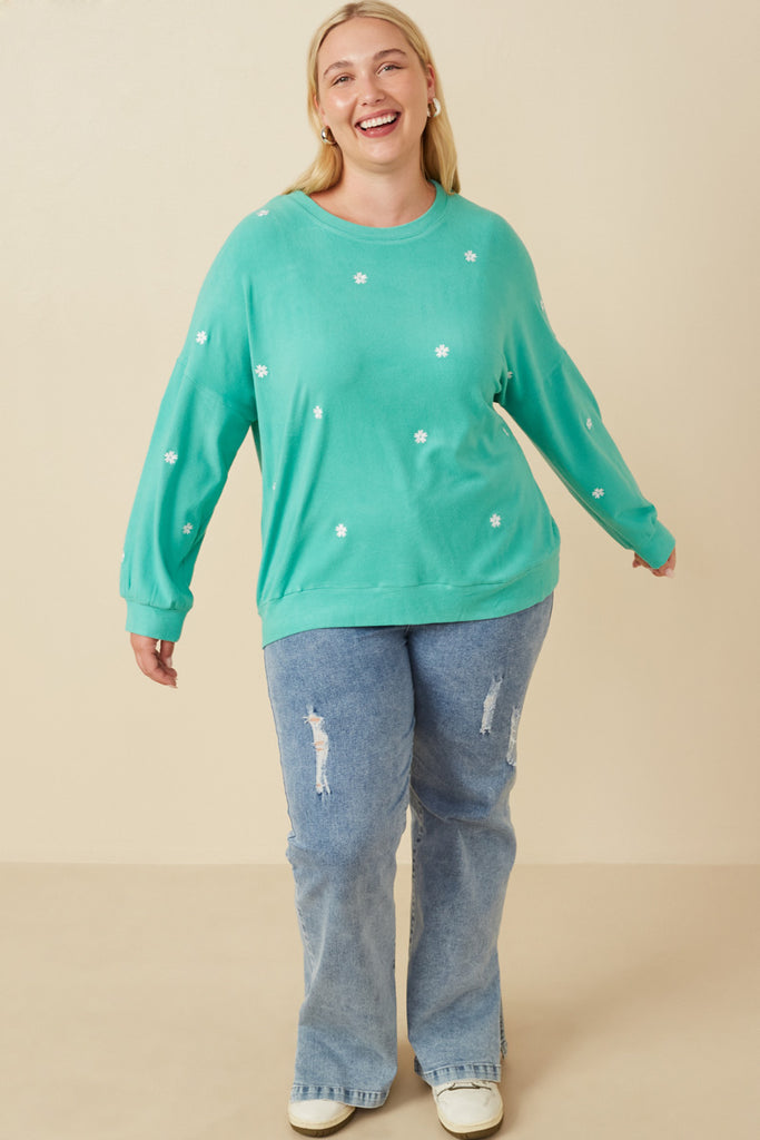 Plus Brushed Textured Floral Embroidered Sweatshirt Full Body