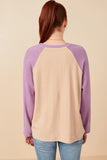 HY7679 Taupe Womens Merci Applique Brushed Color Block Raglan Top Back