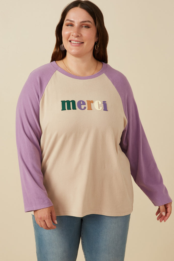 HY7679W Taupe Plus Merci Applique Brushed Color Block Raglan Top Front