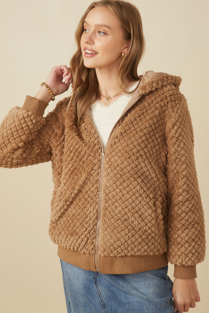 HY7687 Mocha Womens Quilted Plush Hooded Jacket Front