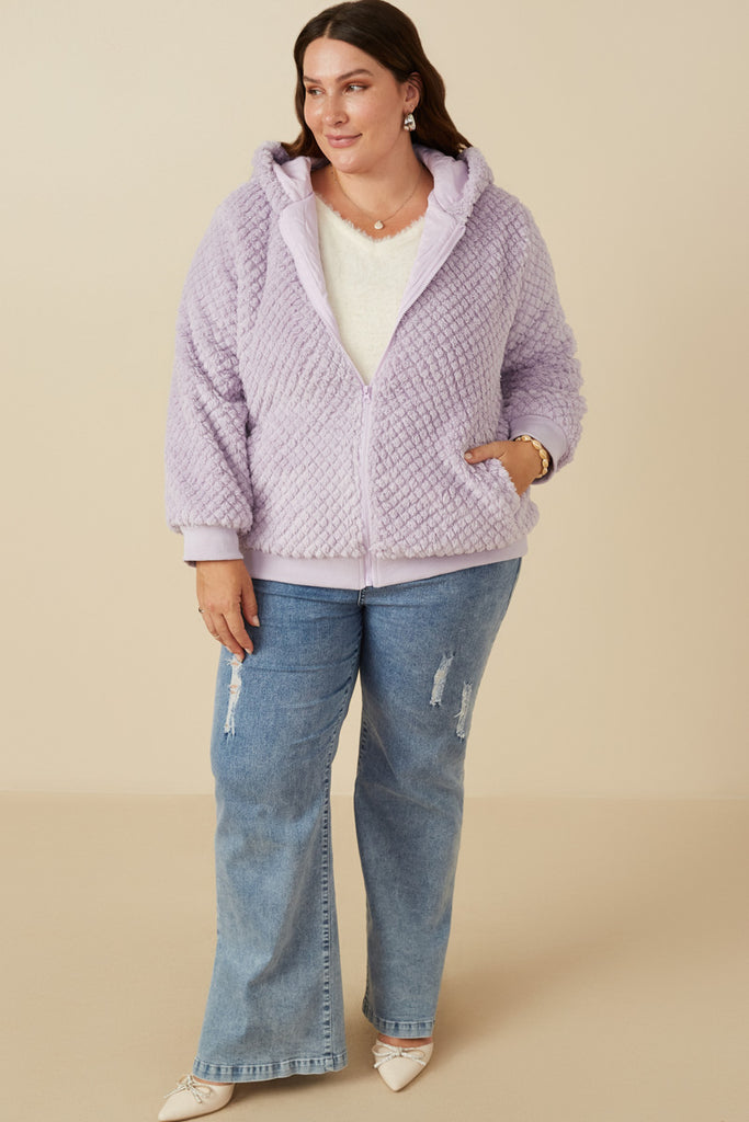HY7687W Lavender Plus Quilted Plush Hooded Jacket Full Body