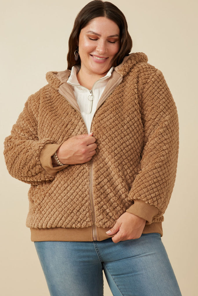 HY7687W Mocha Plus Quilted Plush Hooded Jacket Front