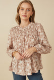 Womens Floral Smocked Yoke Long Sleeve Top Front